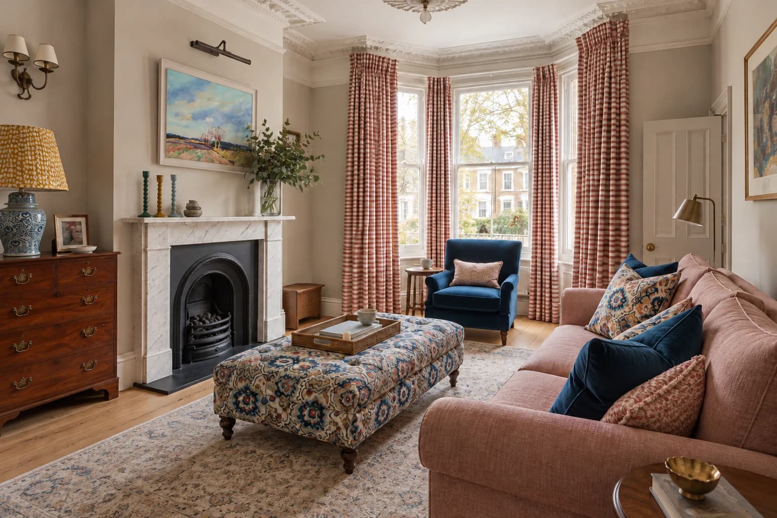 Living room with bay-window seating, patterned curtains and a fireplace.