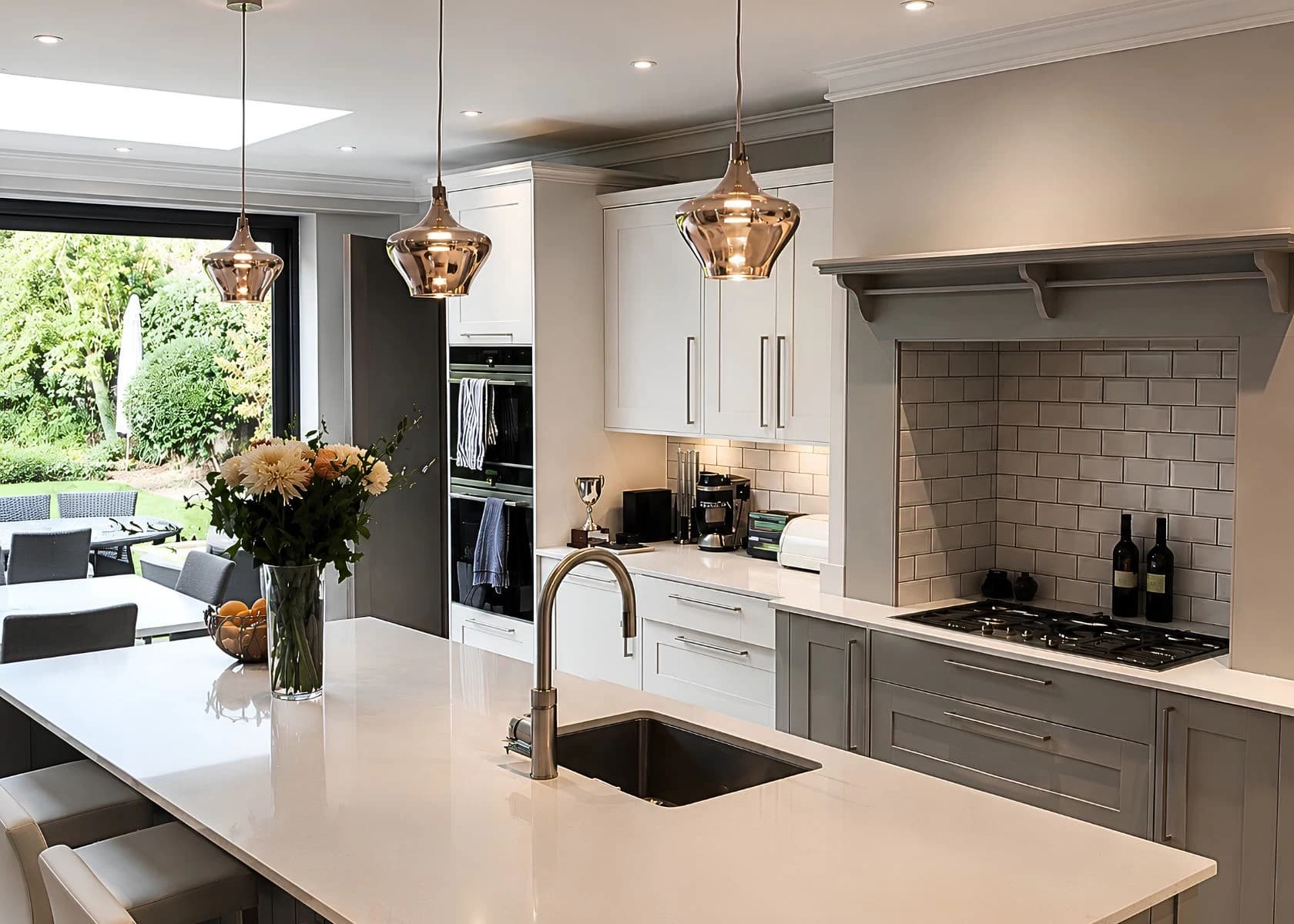 Downage, Finchley: Kitchen island, fitted cabinetry and pendant lighting.