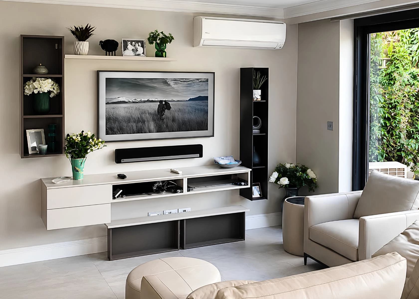 Downage, Finchley: Television room with fitted media storage and garden views.