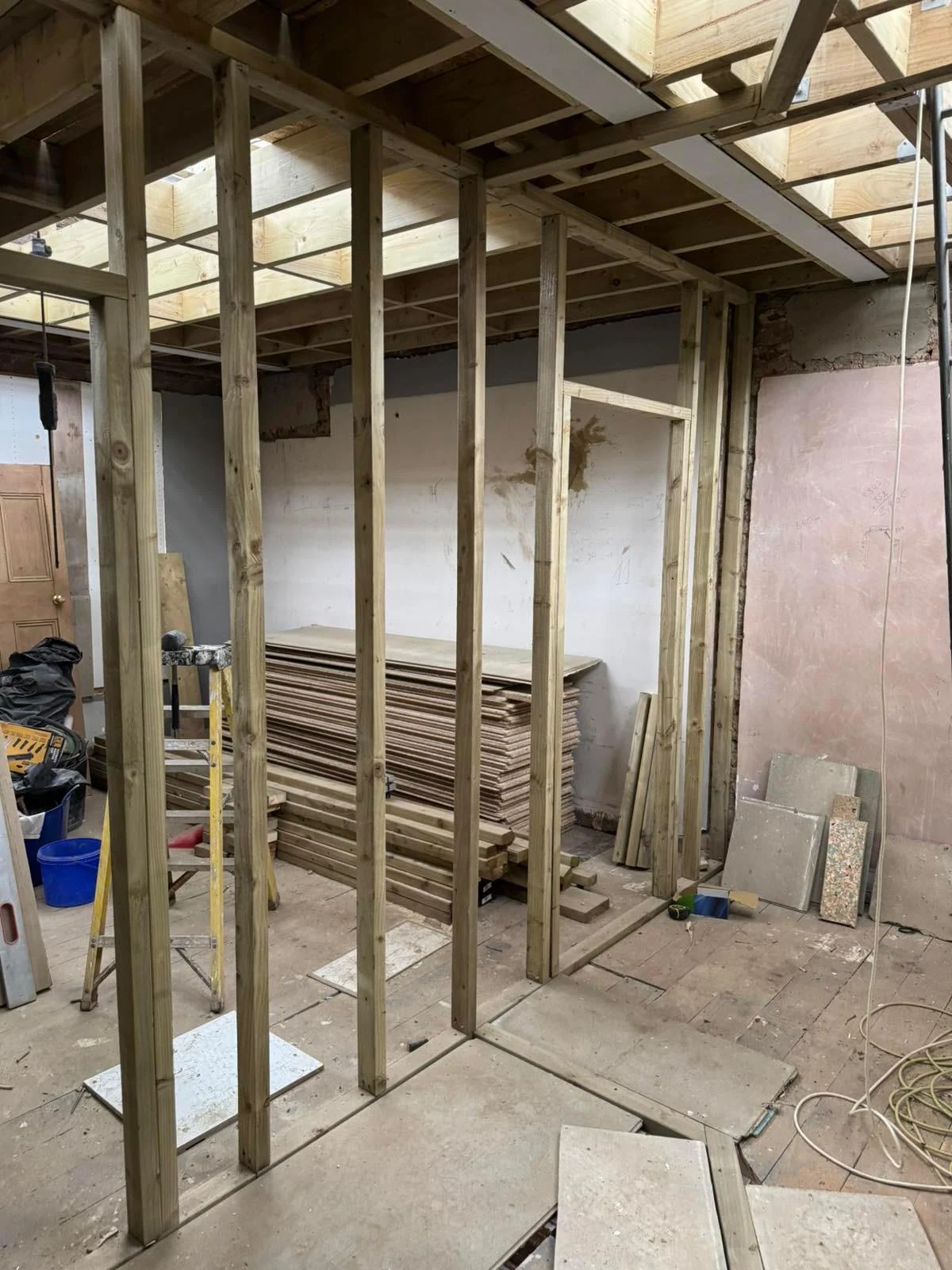 Faroe Road: Construction stage: internal timber partitions.