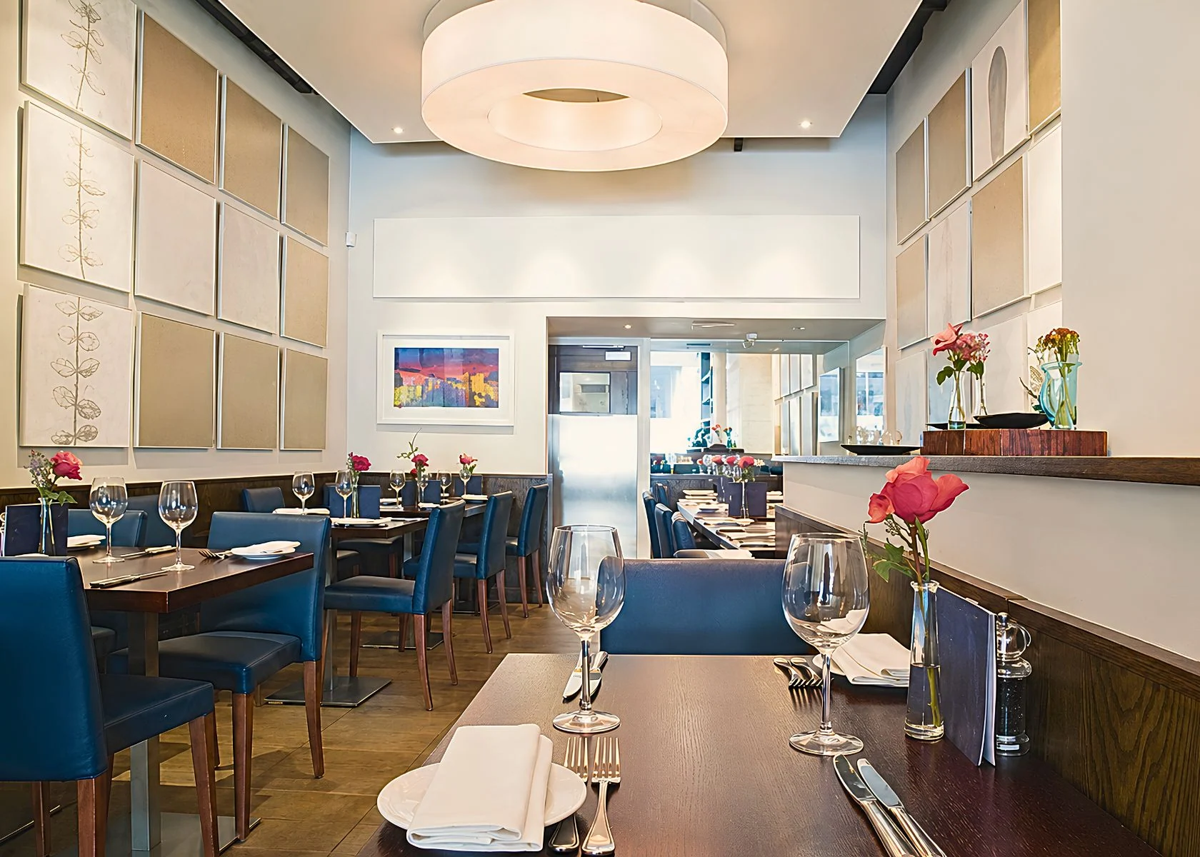 Pimlico Road: The restaurant layout and ceiling lighting seen from the entrance.