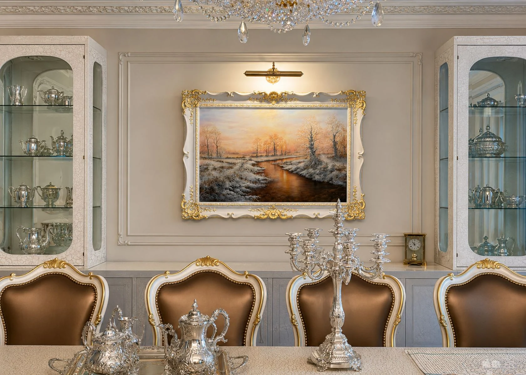 Queen Elizabeth: Dining-room panelling, glazing and fitted display cupboards.