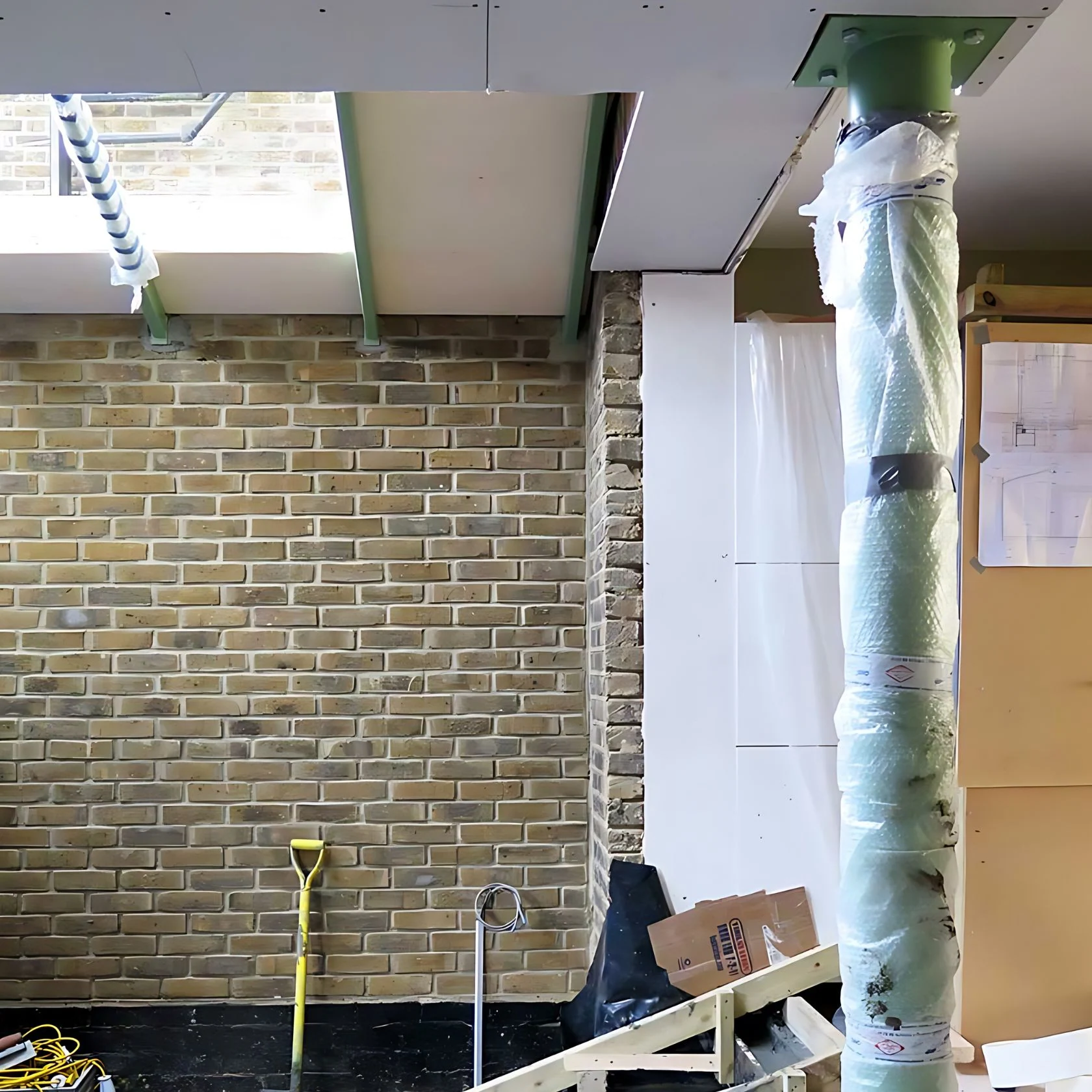 Riversdale Road: Construction-stage photograph of the roof structure before finishing.